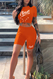 Orange Sexy Casual Letter Print Strap Design O Neck Short Sleeve Two Pieces