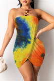 Multicolor Sexy Print Backless Asymmetrical Strapless Sleeveless Dress