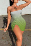 Green Sexy Print Backless Asymmetrical Strapless Sleeveless Dress