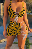 Yellow Sexy Leopard Hollowed Out Frenulum U Neck Sleeveless Two Pieces