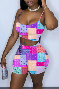 Orange Sexy Casual Print Backless Spaghetti Strap Sleeveless Two Pieces