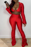 Red Sexy Casual Solid Fold Turndown Collar Long Sleeve Two Pieces