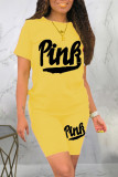 Pink Fashion Casual Letter Print Basic O Neck Short Sleeve Two Pieces