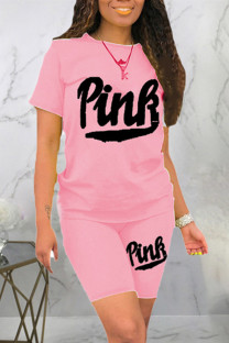 Pink Fashion Casual Letter Print Basic O Neck Short Sleeve Two Pieces
