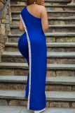 Blue Sexy Solid Sequins One Shoulder Skinny Jumpsuits