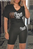 Pink Fashion Casual Letter Print Pocket V Neck Short Sleeve Two Pieces