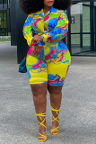 Yellow Sexy Print Patchwork Turndown Collar Plus Size Two Pieces