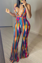 Red Sexy Casual Striped Print Backless Strap Design V Neck Regular Jumpsuits