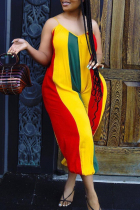 Red Yellow Sexy Casual Striped Print Backless V Neck Plus Size Jumpsuits