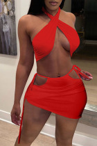 Red Sexy Solid Bandage Draw String Backless Halter Sleeveless Two Pieces