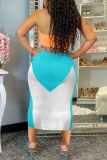 Blue Sexy Casual Patchwork Backless Strap Design Strapless Sleeveless Dress