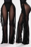 Black Sexy Solid Flounce Straight Mid Waist Straight Solid Color Bottoms