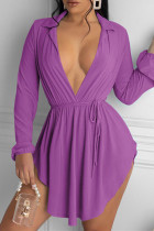Purple Fashion Casual Solid Basic V Neck Long Sleeve Dresses