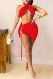 Red Fashion Sexy Solid Backless Strap Design Halter Sleeveless Two Pieces