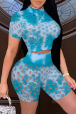 Blue Fashion Sexy Print Tie Dye Hollowed Out See-through Half A Turtleneck Short Sleeve Two Pieces