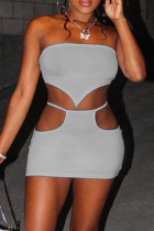 Grey Sexy Solid Split Joint Off the Shoulder Sleeveless Two Pieces