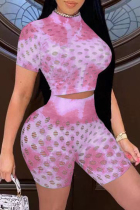 Pink Fashion Sexy Print Tie Dye Hollowed Out See-through Half A Turtleneck Short Sleeve Two Pieces