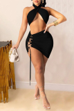 Black Fashion Sexy Solid Backless Strap Design Halter Sleeveless Two Pieces