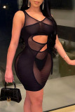 Black Sexy Solid Hollowed Out See-through Spaghetti Strap Wrapped Skirt Dresses (Unlined)