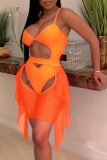 Orange Sexy Solid Hollowed Out Patchwork Mesh Swimwears