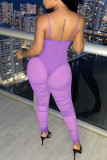 Purple Fashion Sexy Patchwork Solid Backless Spaghetti Strap Skinny Jumpsuits