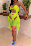 Fluorescent Green Sexy Solid Hollowed Out Patchwork Mesh Swimwears
