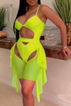 Fluorescent Green Sexy Solid Hollowed Out Split Joint Mesh Swimwears