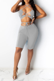 Grey Sexy Casual Solid Hollowed Out Backless Strap Design Halter Sleeveless Two Pieces