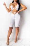 White Sexy Casual Solid Hollowed Out Backless Strap Design Halter Sleeveless Two Pieces