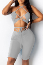 Grey Sexy Casual Solid Hollowed Out Backless Strap Design Halter Sleeveless Two Pieces