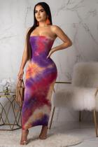 purple  Fashion Sexy Off The Shoulder Sleeveless Wrapped chest Slim Dress Ankle-Length Print Prin