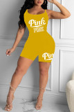 Yellow Sexy Casual Letter Print Backless Spaghetti Strap Regular Romper