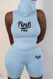 Baby Blue Casual Print Letter Turtleneck Sleeveless Two Pieces