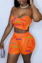 Orange Sexy Casual Letter Print Backless Spaghetti Strap Sleeveless Two Pieces