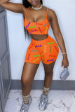Orange Sexy Casual Letter Print Backless Spaghetti Strap Sleeveless Two Pieces