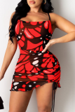 Rose Red Sexy Print Patchwork Spaghetti Strap Pencil Skirt Dresses