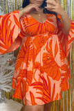 Orange Fashion Casual Print Basic V Neck Long Sleeve Plus Size Dresses