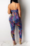 Blue Fashion Sexy Print Backless Strapless Skinny Jumpsuits