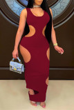 Burgundy Fashion Sexy Solid Hollowed Out U Neck Vest Dress