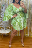Green Fashion Casual Print Basic V Neck Long Sleeve Plus Size Dresses