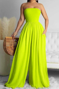 Fluorescent Green Sexy Solid Patchwork Off the Shoulder Loose Jumpsuits