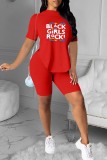 Red Fashion Casual Letter Print Slit O Neck Short Sleeve Two Pieces