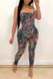 Blue Fashion Sexy Print Backless Strapless Skinny Jumpsuits