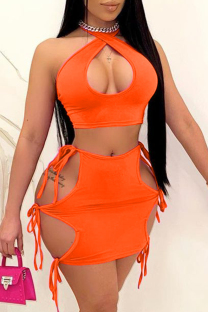 Orange Sexy Solid Hollowed Out Backless Strap Design Halter Sleeveless Two Pieces