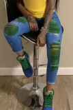LightBlueGreen Fashion Casual Stitching Ripped Jeans
