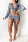 Grey Sexy Solid Patchwork Mesh Swimwears Cover-up