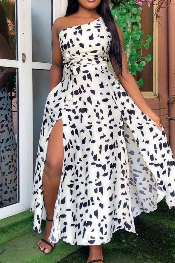 White Sexy Casual Print Slit One Shoulder Sleeveless Dress