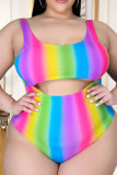 Multicolor Sexy Print Backless U Neck Plus Size Swimwear