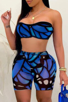 Blue Fashion Sexy Print Backless Strapless Sleeveless Two Pieces