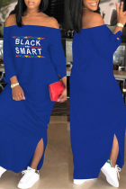 Blue Euramerican Dew Shoulder Letters Printed Ankle Length Dress